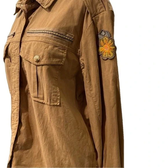 Boho Safari Utility Jacket Embroidered Tan Cotton Shacket Scandi M - Picture 4 of 12